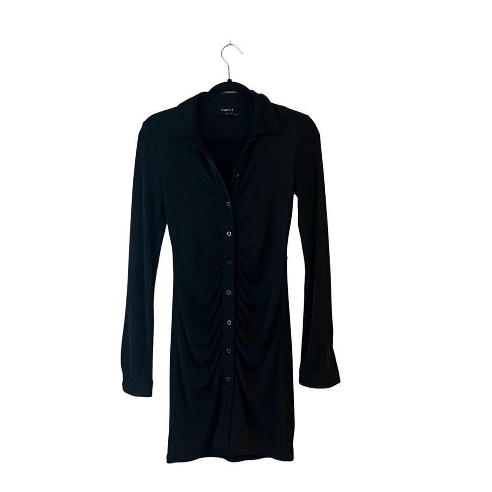 Bardot Black Shimmer Ruched Bodycon Dress Stretch Long Sleeve 4 Button Down